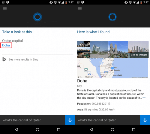 Cortanaはドーハと教えてくれて、「Doha」をタップするとドーハの基本的な情報を確認できる